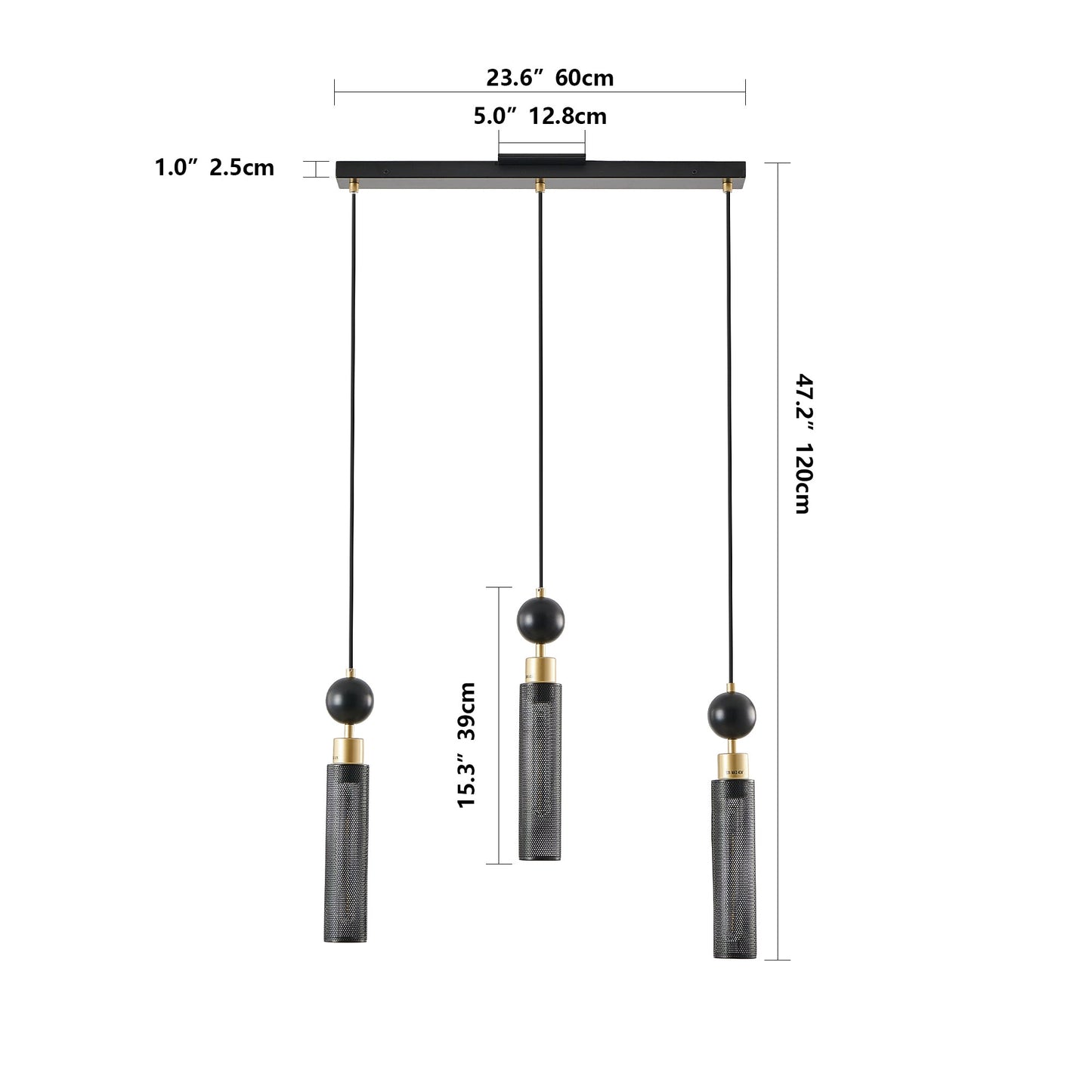 Chandelier 3-Light Black Gold Pendant Cylindrical Mesh Shades 25 In
