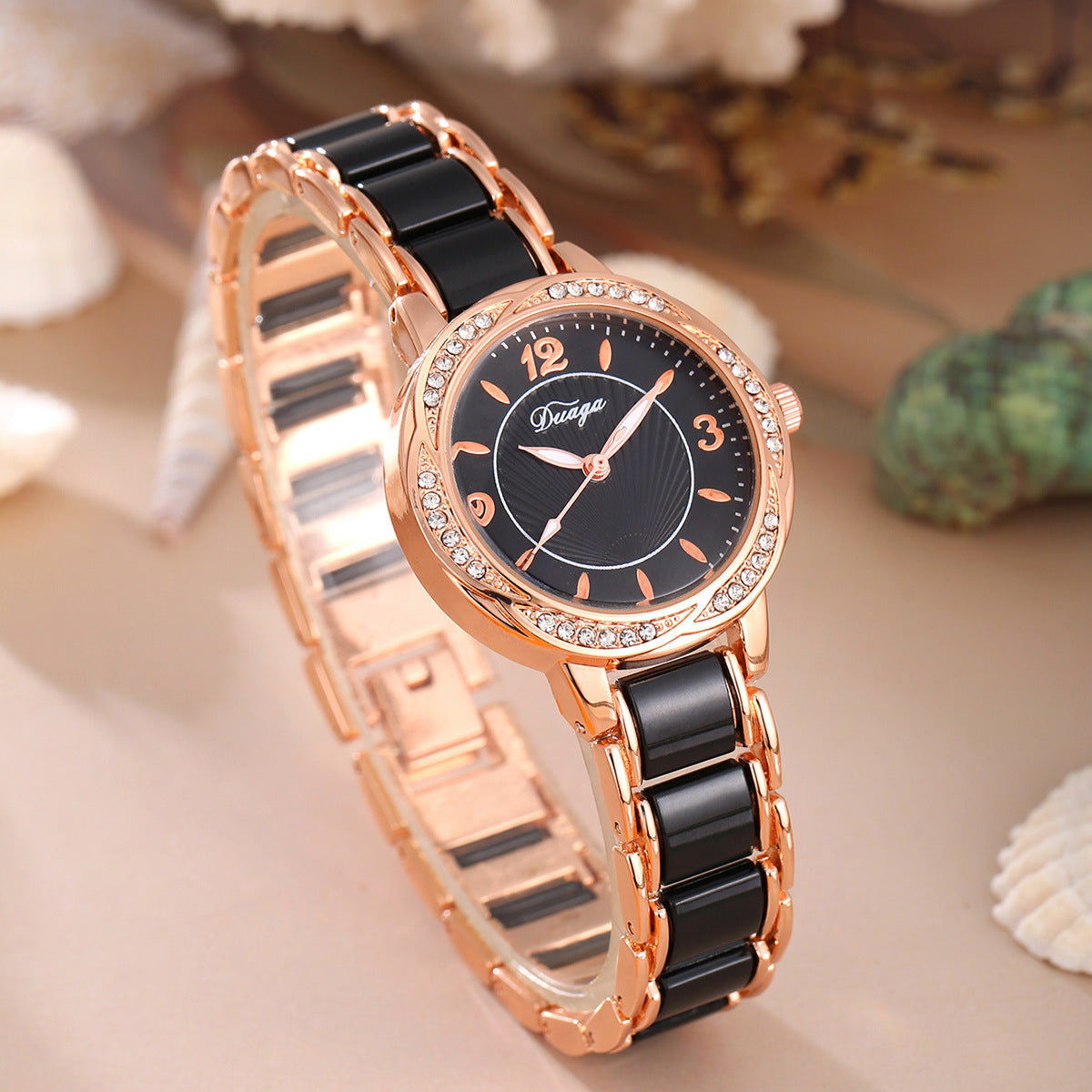 Elegant Lace-Trimmed Round Diamond-Encrusted Quartz Watch