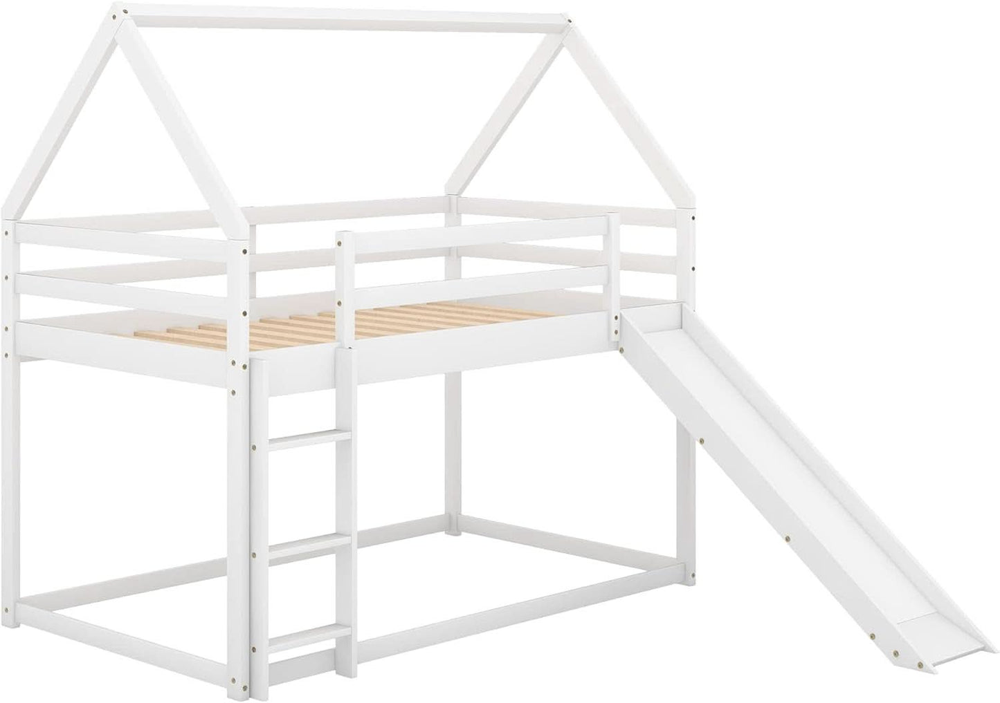 Twin Over Twin House Bunk Bed With Slide Solid Wood