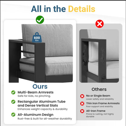 Outdoor Armchair Aluminum Black Gray Cushion 300 lb Set of 2 28in Wide