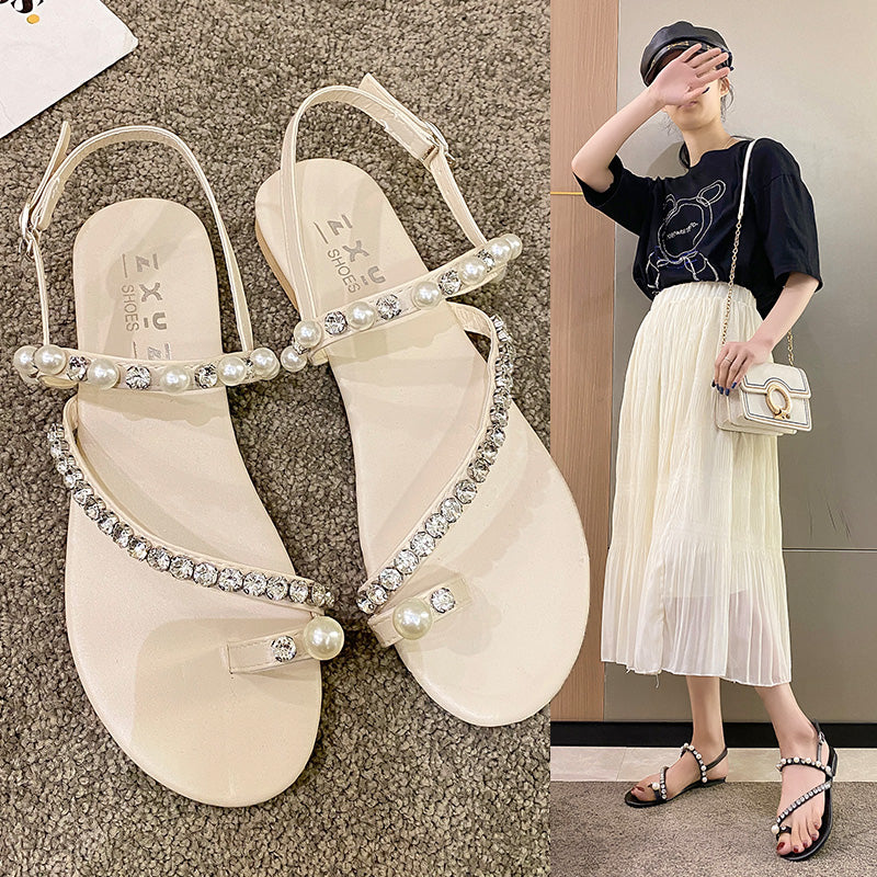 2026 Spring Summer New Rhinestone Pearl Toe Loop Roman Flat Sandals For Women, Plus Size Gentle Fairy Style Unique Ladies Shoes