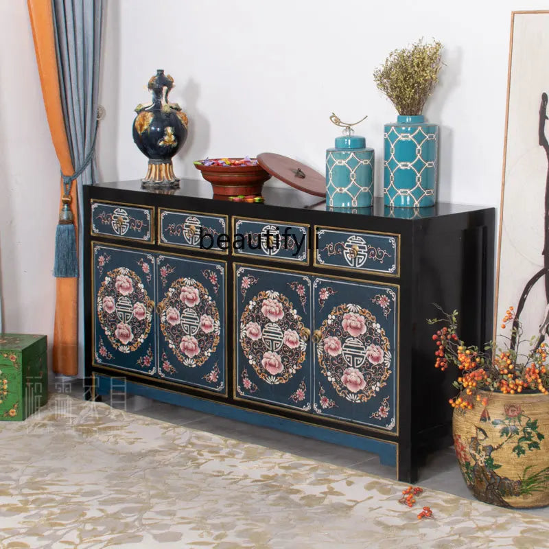 Antique-Style Chinese Hand-Painted Solid Wood Cabinet, 160 × 43 × 85 cm