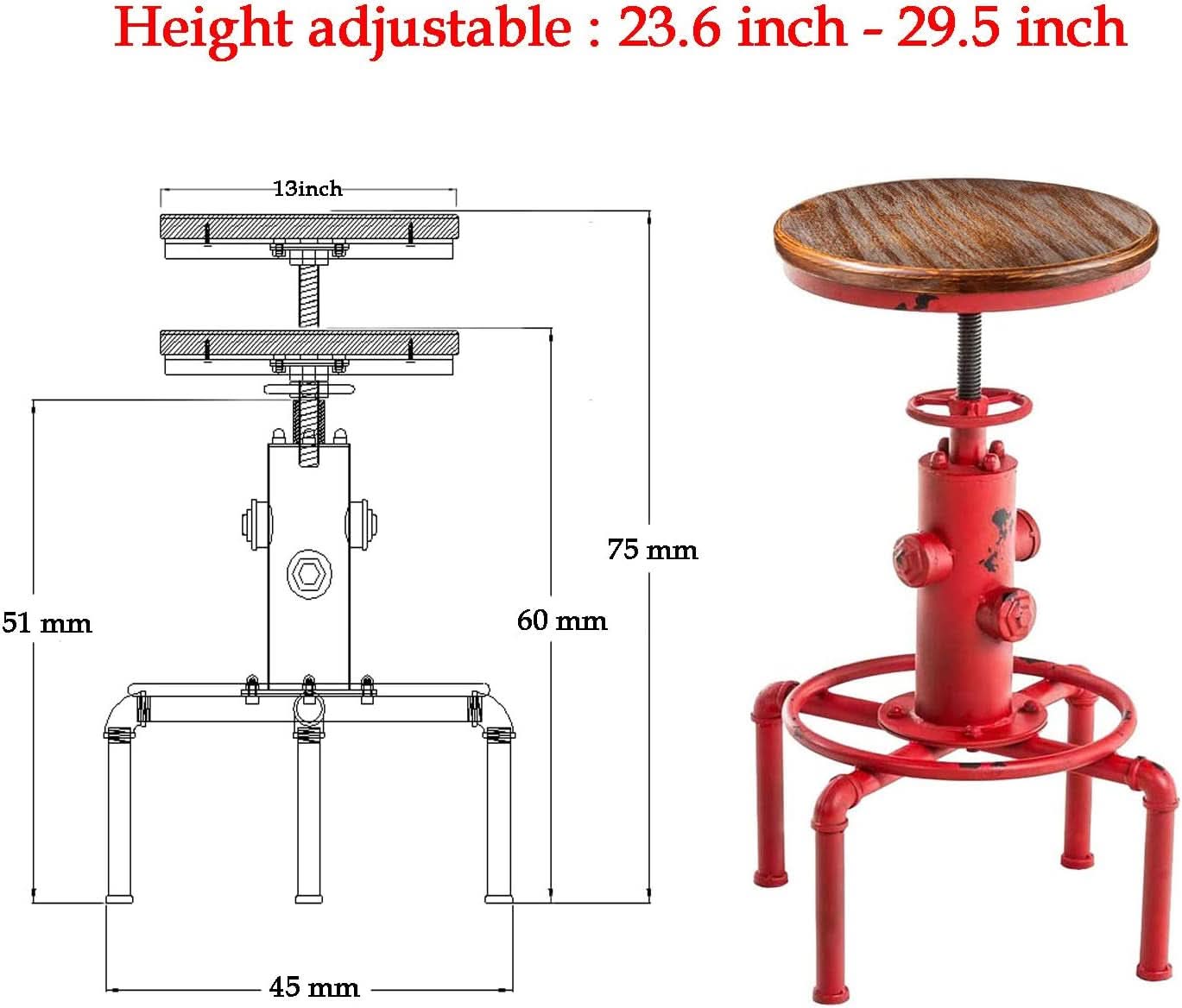 Antique Industrial Barstools Set With Adjustable Wooden Seats