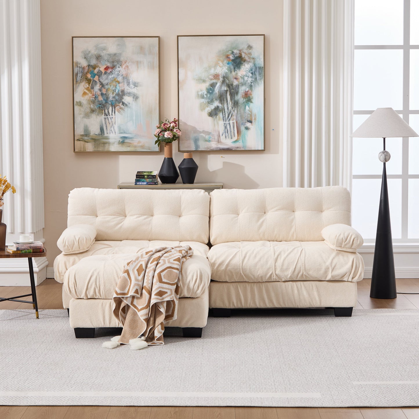 Sectional Sofa L-Shape Cloud Flannelette Beige 3 Seat 88 In 4 Pillows