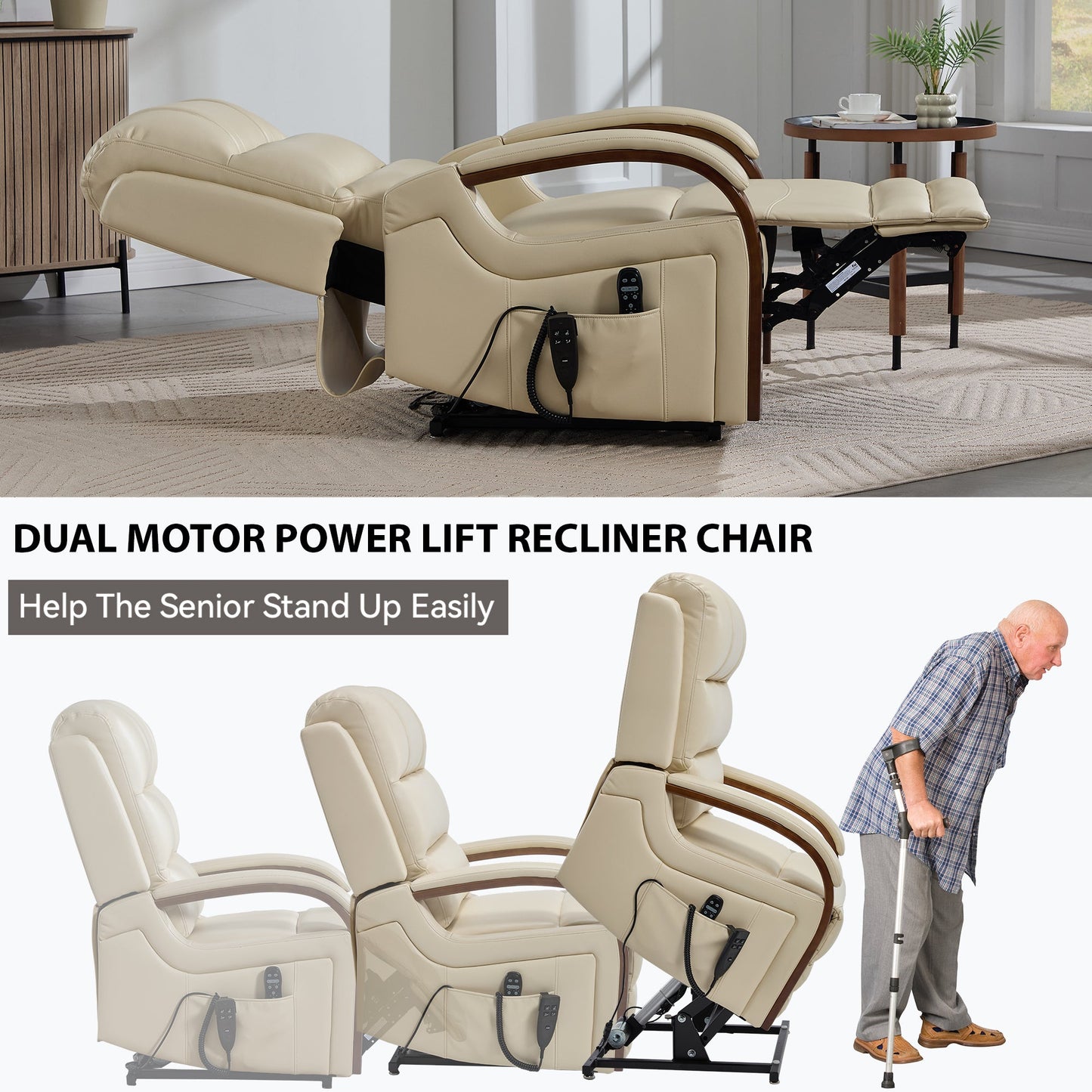 Lift Recliner Chair Power Chenille Beige Heat Massage 350lb