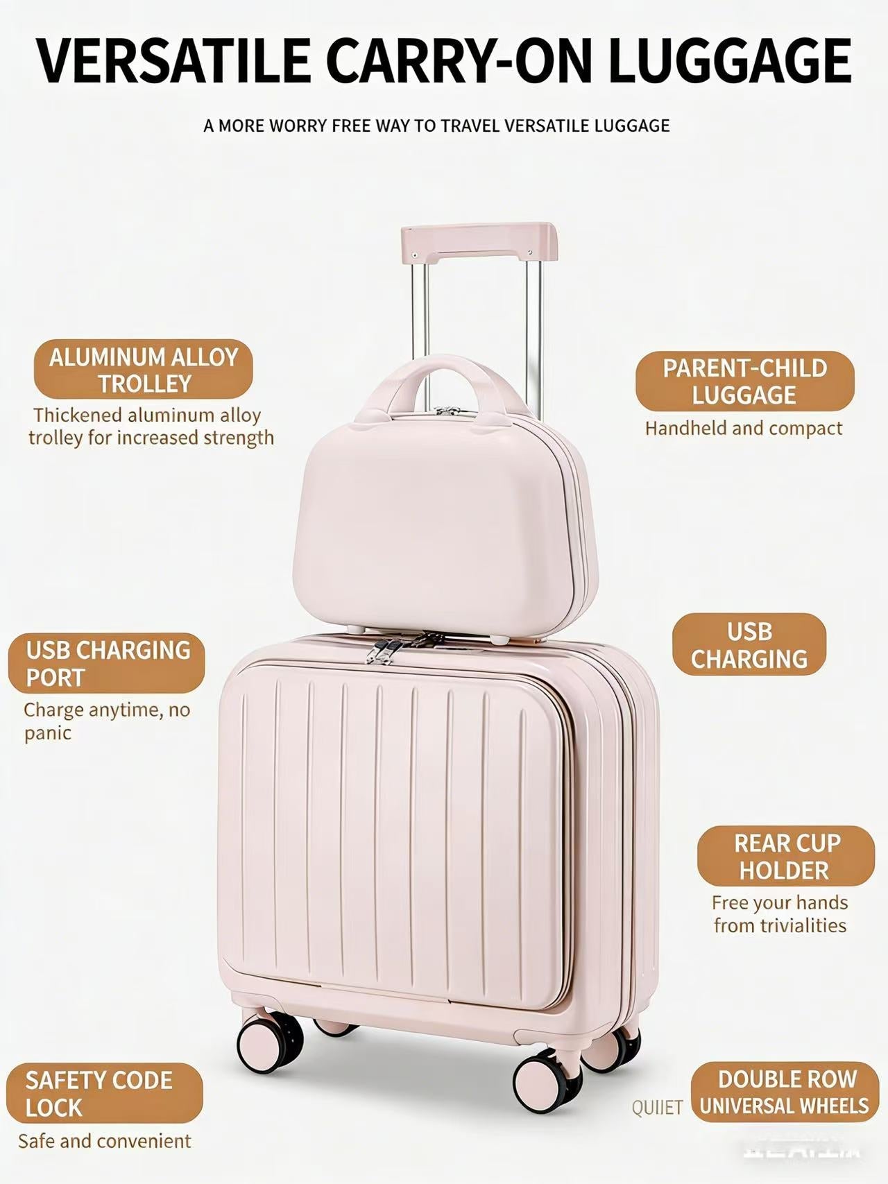 Front Opening Luggage Compartment With Front Open Tray And 20 Inch Cabin, Expandable Folding Cup Holder, Hidden Phone Holder, Dual USB Chargers. Travel Carrier