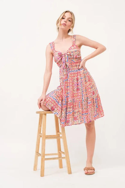 And The Why Tied Front Smocked Back Tiered Boho Printed Dress