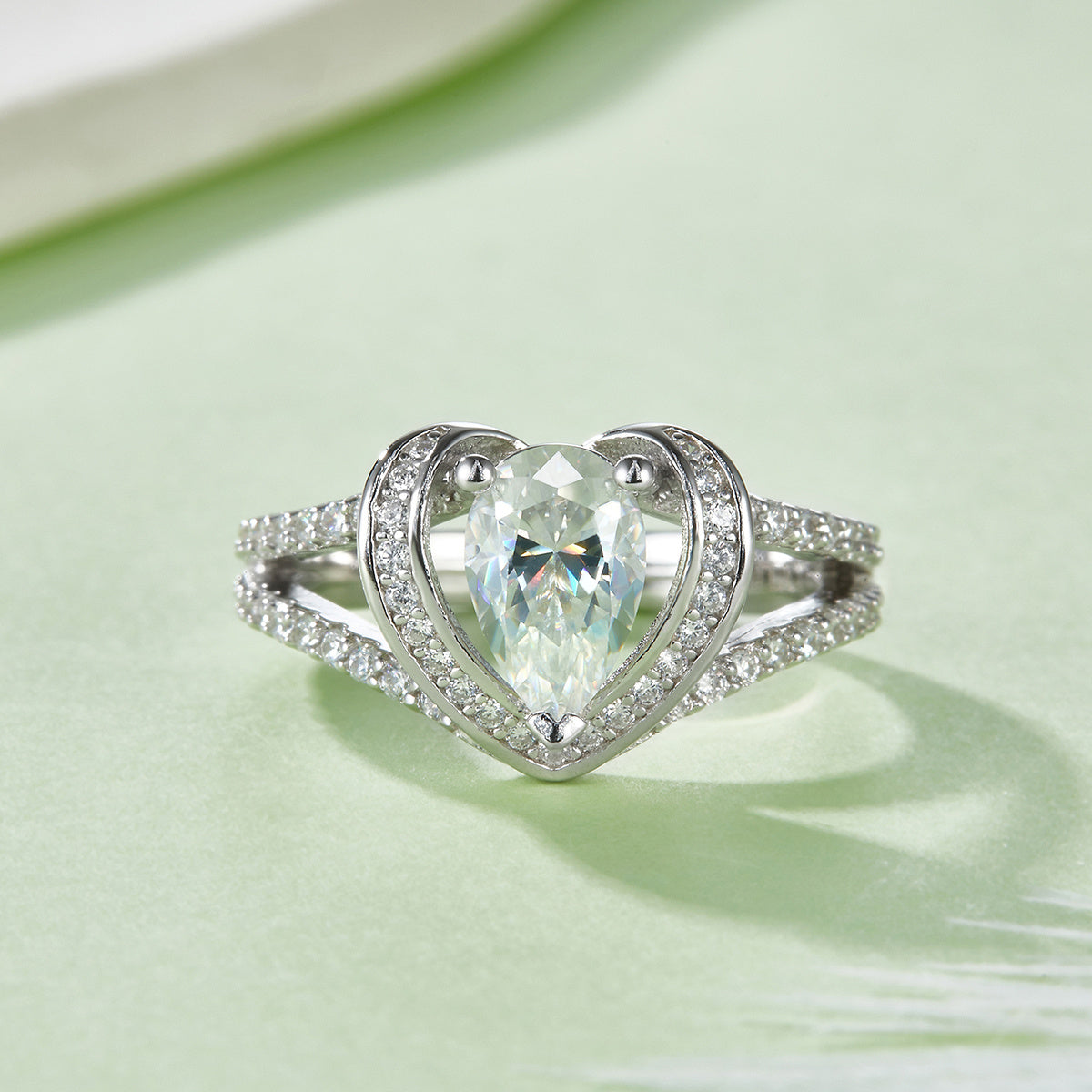S925 Sterling Silver 1ct Heart Cut Moissanite Ring, 5x8mm D-VVS1 Split Shank Pave Halo, Platinum Plated US Sizes 5-9, GRA Certificate Gift Box