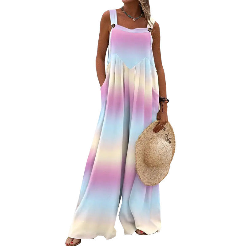 Womens Printed Sleeveless Loose Casual Wide-Leg Pants