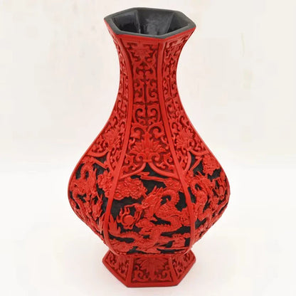 Red Lacquer Dragon Vase, 10" Chinese Auspicious Decor