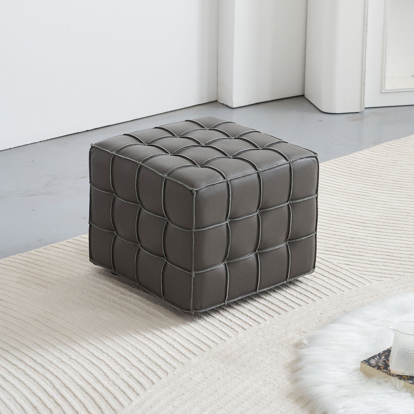 17.32 Inch Quality Leather Tufted Square Ottoman Footstool, Grey