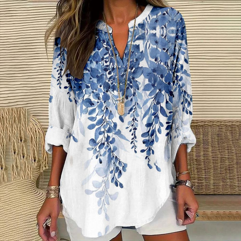 Womens Fashion Floral Print V-Neck Long-Sleeve T-Shirt