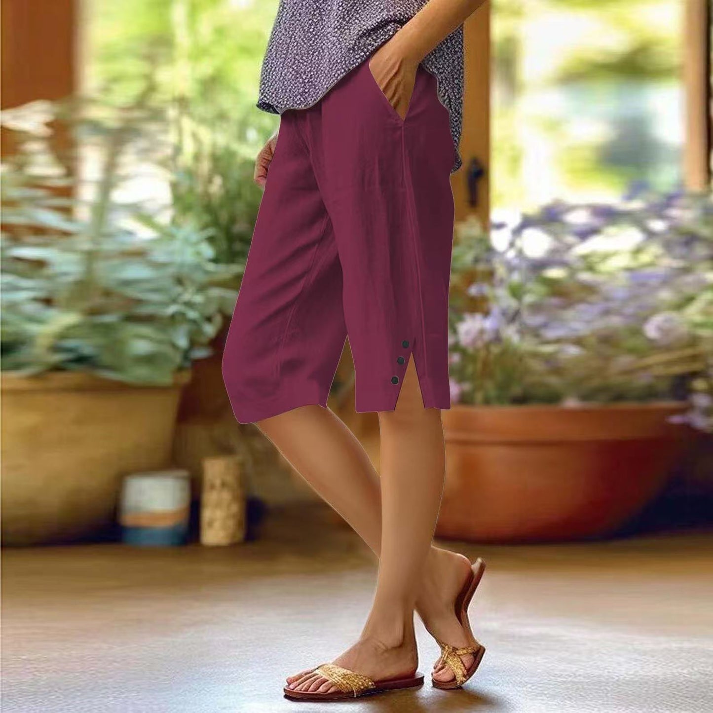 Casual Loose-fit Cotton-linen Drawstring Shorts With Pockets