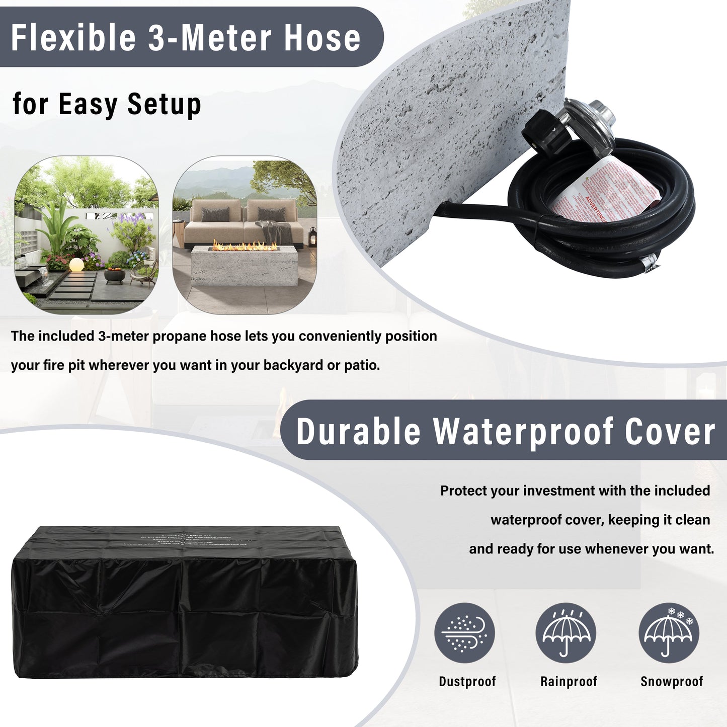 Fire Pit Propane Rectangular MGO Gray 40000 BTU with Tank Cover 41.9 In