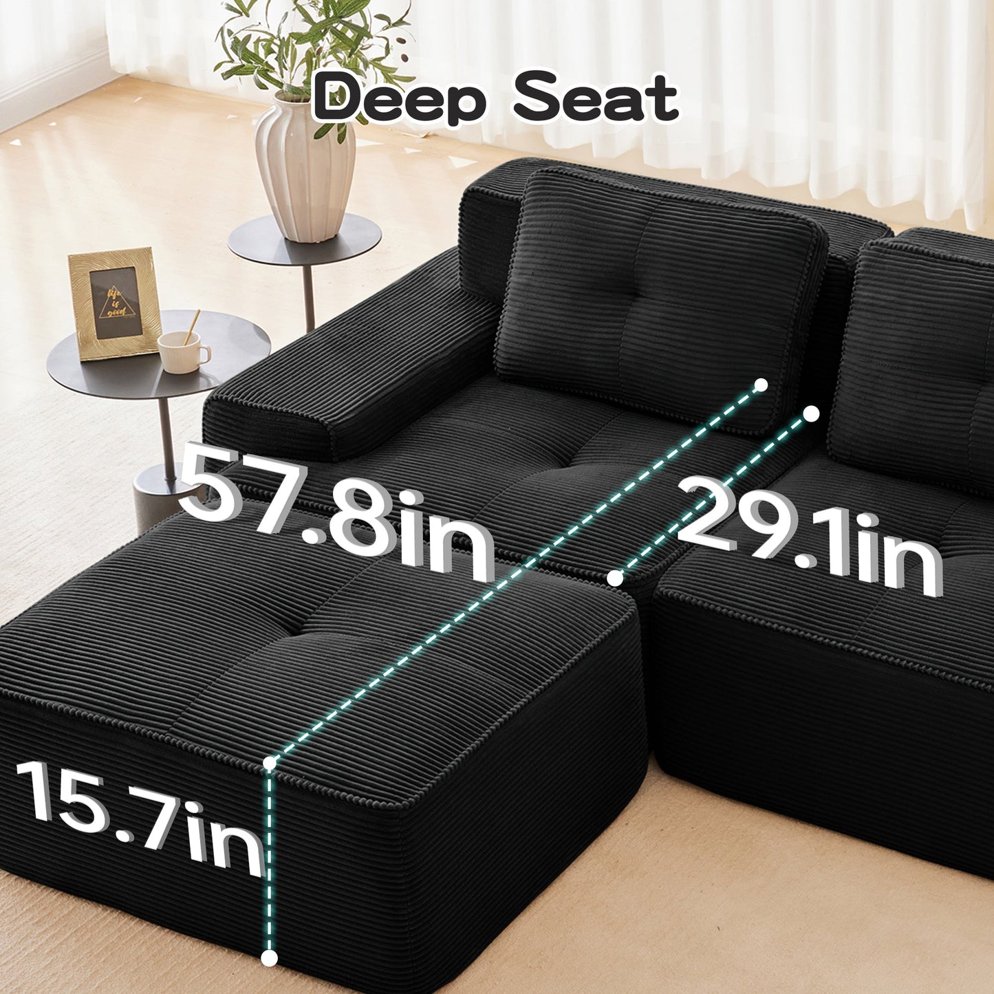 Sectional Sofa Modular Corduroy Black 3 Seat Tufted No Assembly