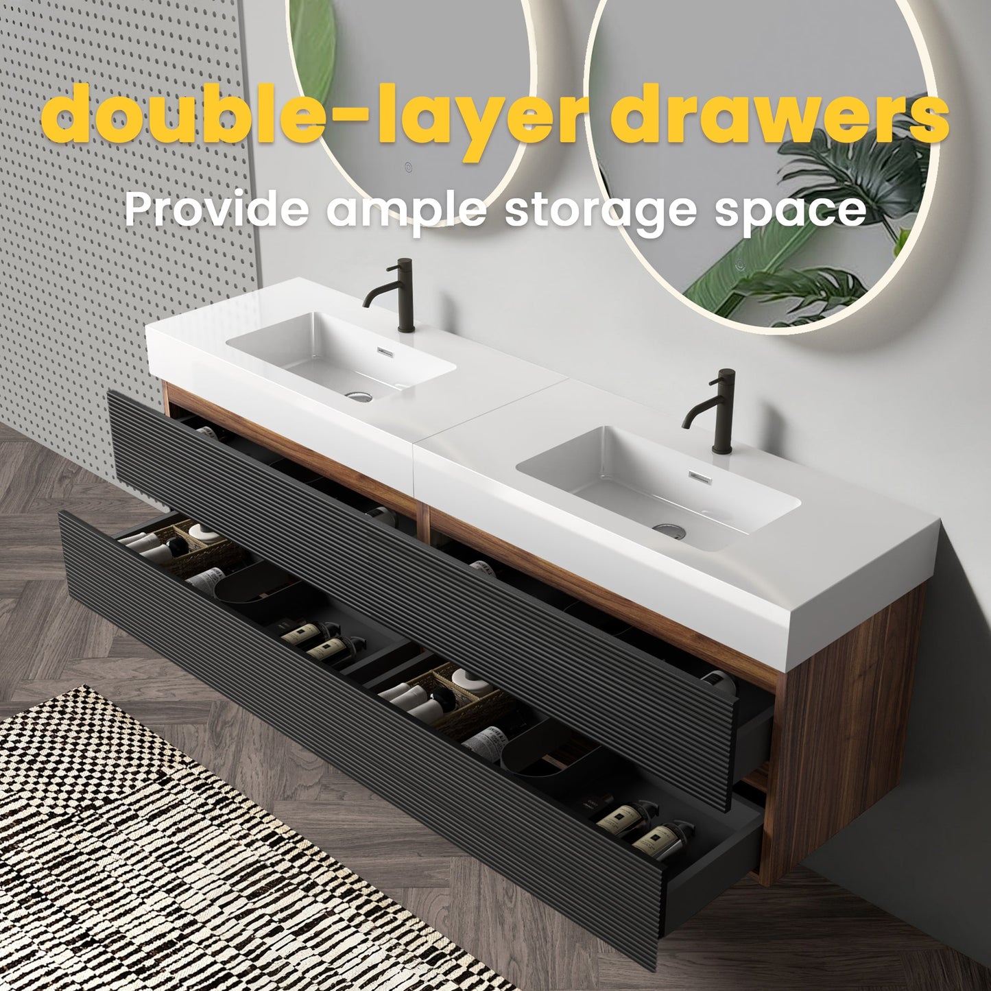 72'' Double Bathroom Vanity with Matt Black Quartz Sink Soft Black Drawers Wall Mount