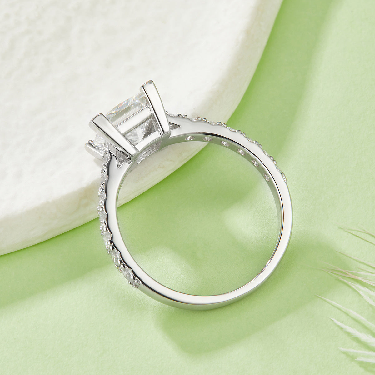 S925 Sterling Silver 2ct Princess Cut Moissanite Ring, 7x7mm D-VVS1 Pave Band, Platinum Plated US Sizes 5-9, GRA Certificate Jewelry Gift Box