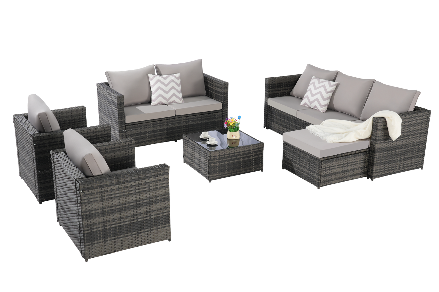 Outdoor Patio Set 6 Piece PE Rattan Seats 8