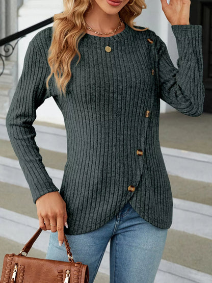 Ribbed Knit Decor Button T-Shirt