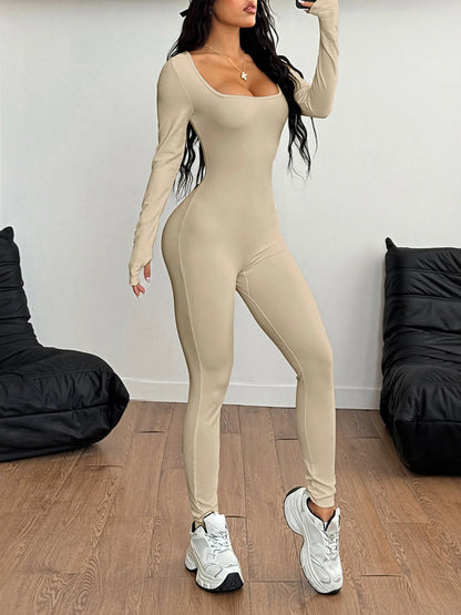 Square Neck Long Sleeve Active Jumpsuit