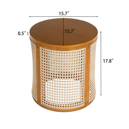 15.70' Round End Table, Hollow Woven Side Table, Small Rubber Wood Nightstand,