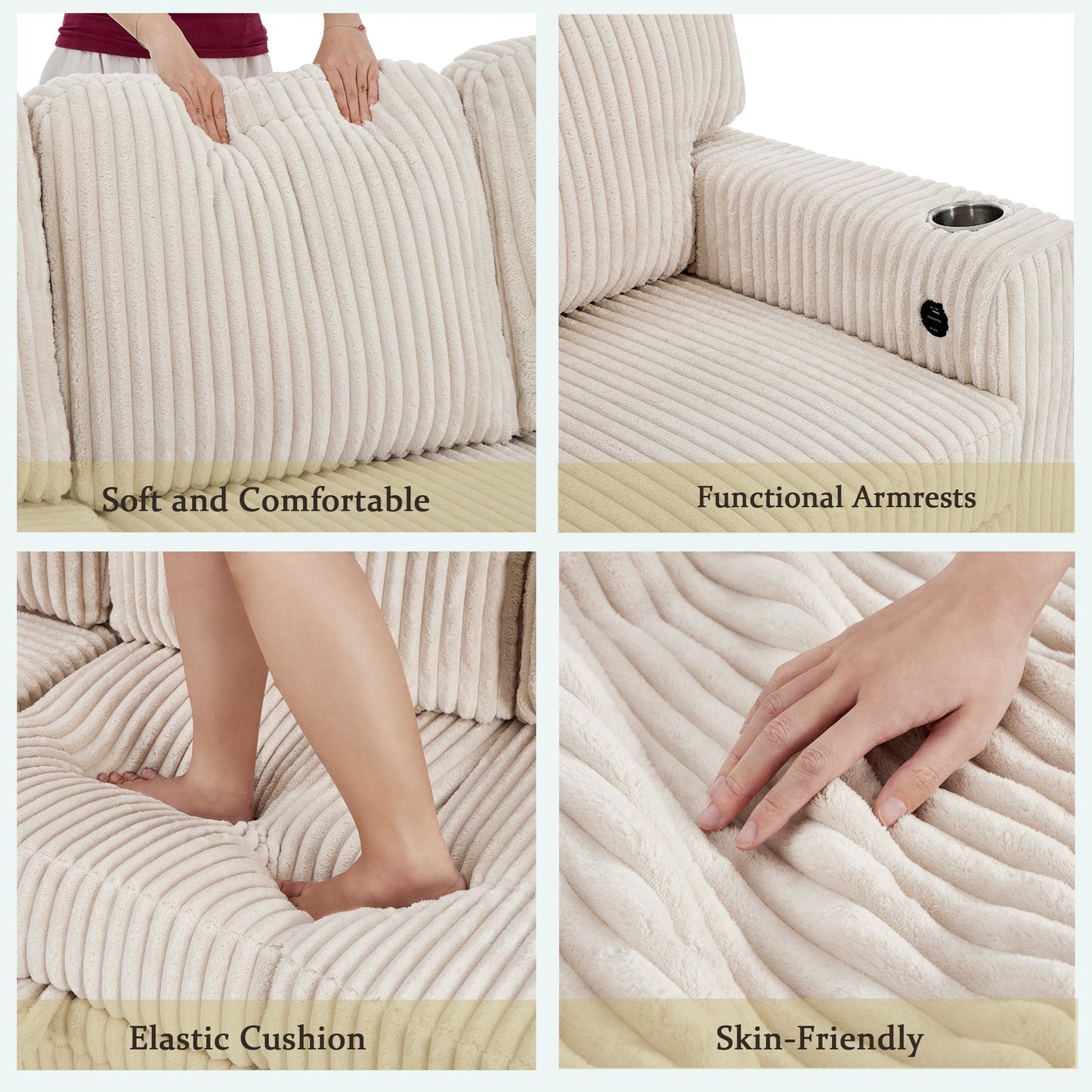 Sofa Bed L-Shape Corduroy Beige 5 Seat Pull-Out USB Ports 81 In