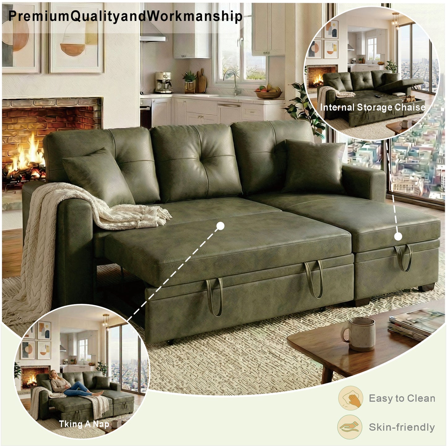 Sectional Sofa L-Shape Olive Green Sleeper 71