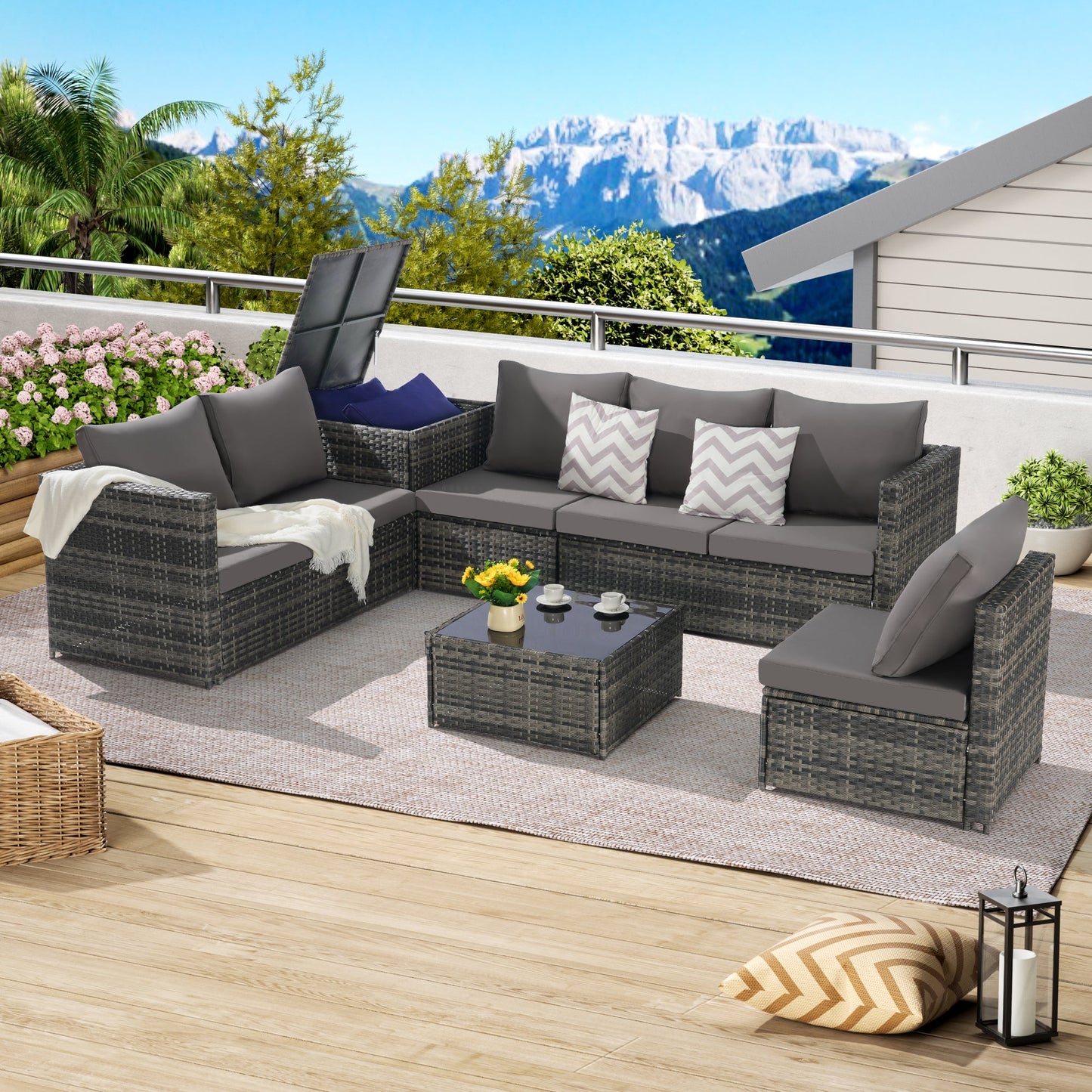 Outdoor Sectional Set PE Rattan Steel Dark Gray L-Shape 6 Piece Seats 8