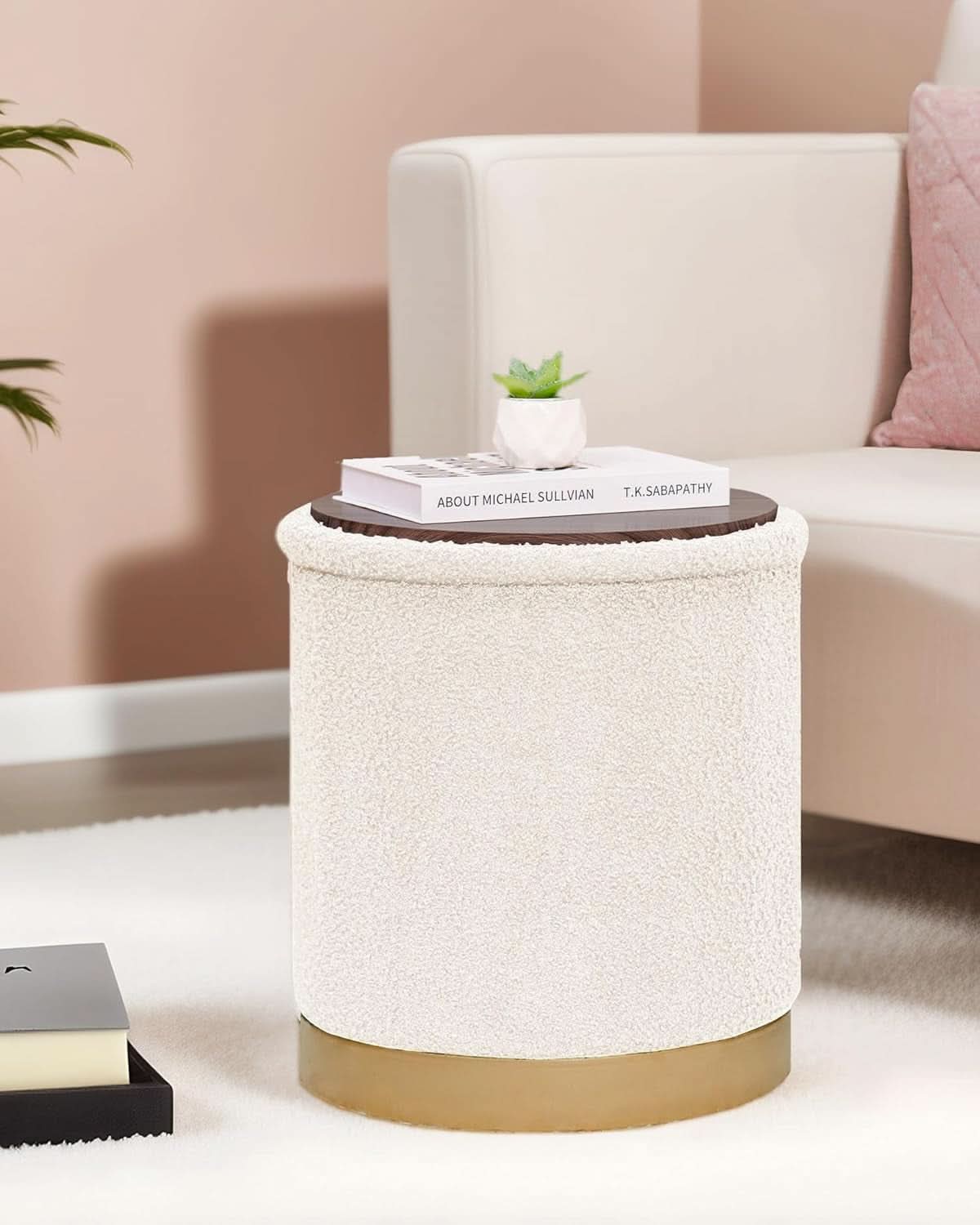 Round White Storage Space Ottoman Gold Plated Base Frame
