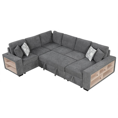 Sectional Sofa U-Shape Chenille Gray 5 Seat USB Ports Pull-Out 109 In