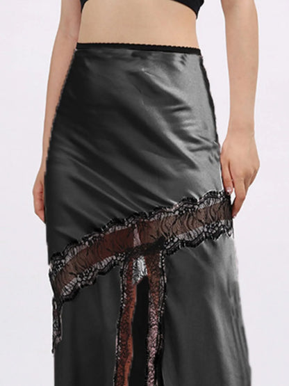 Lace Trim Asymmetrical Midi Skirt