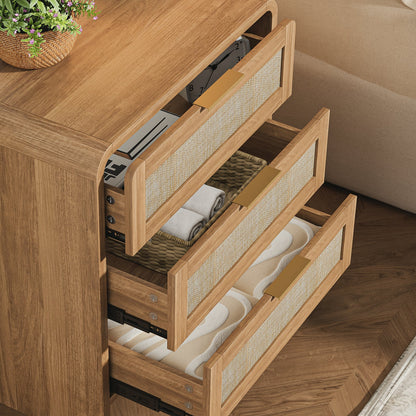 Rattan Nightstand with 3 Drawers, 22.8 in Wide, Curved Wood, Caramel Oak