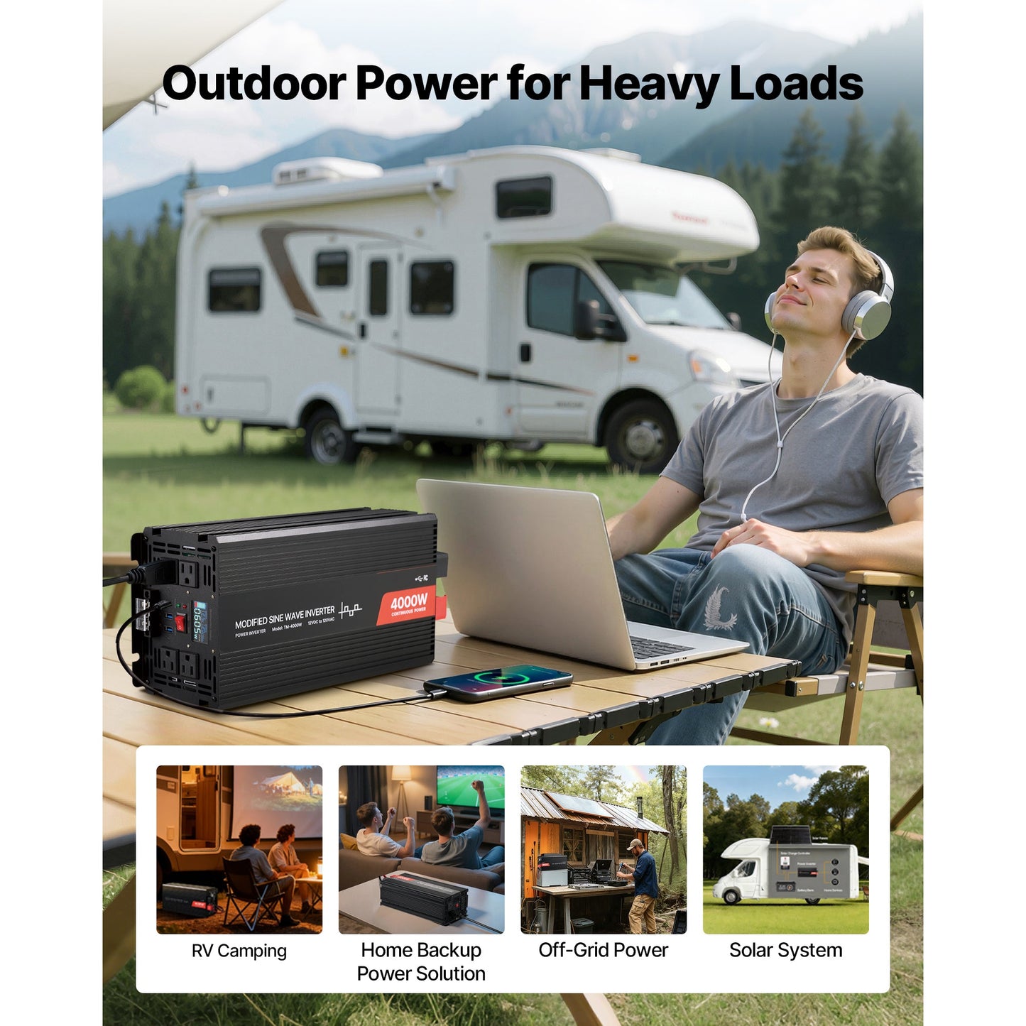 4000W Modified Sine Wave Power Inverter, 12V to 120V, LCD, USB, for RV Truck