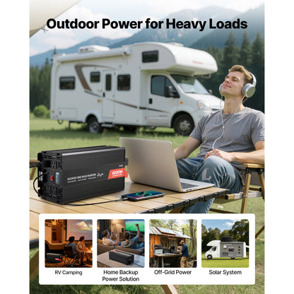 4000W Modified Sine Wave Power Inverter, 12V to 120V, LCD, USB, for RV Truck