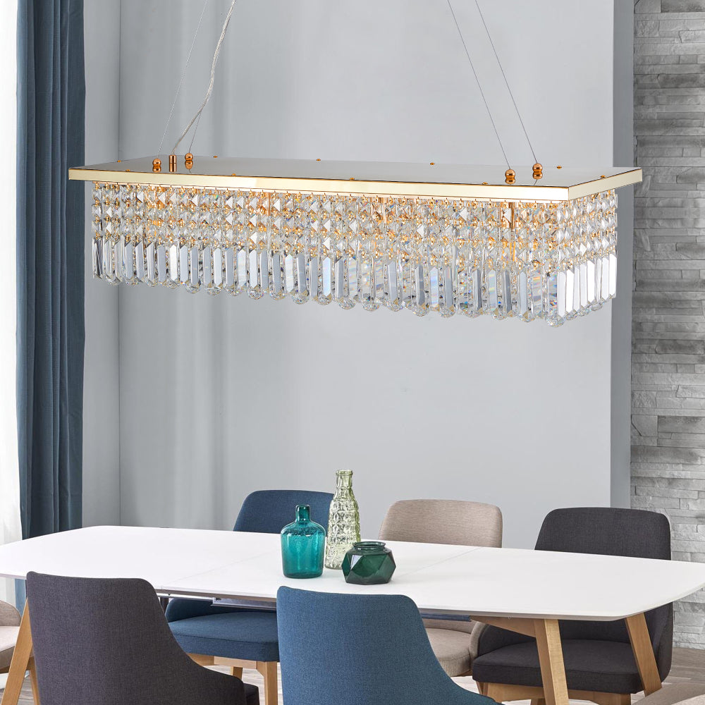 39.4" Rectangle Crystal Raindrop Chandelier | 8-Light Modern Pendant for Dining Room & Kitchen Island — Chrome or Gold, E12