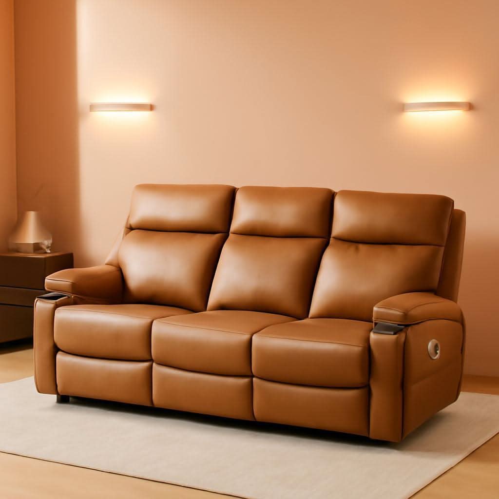 Power Three Seat Recliner Sofa With USB Ports Brown Finish