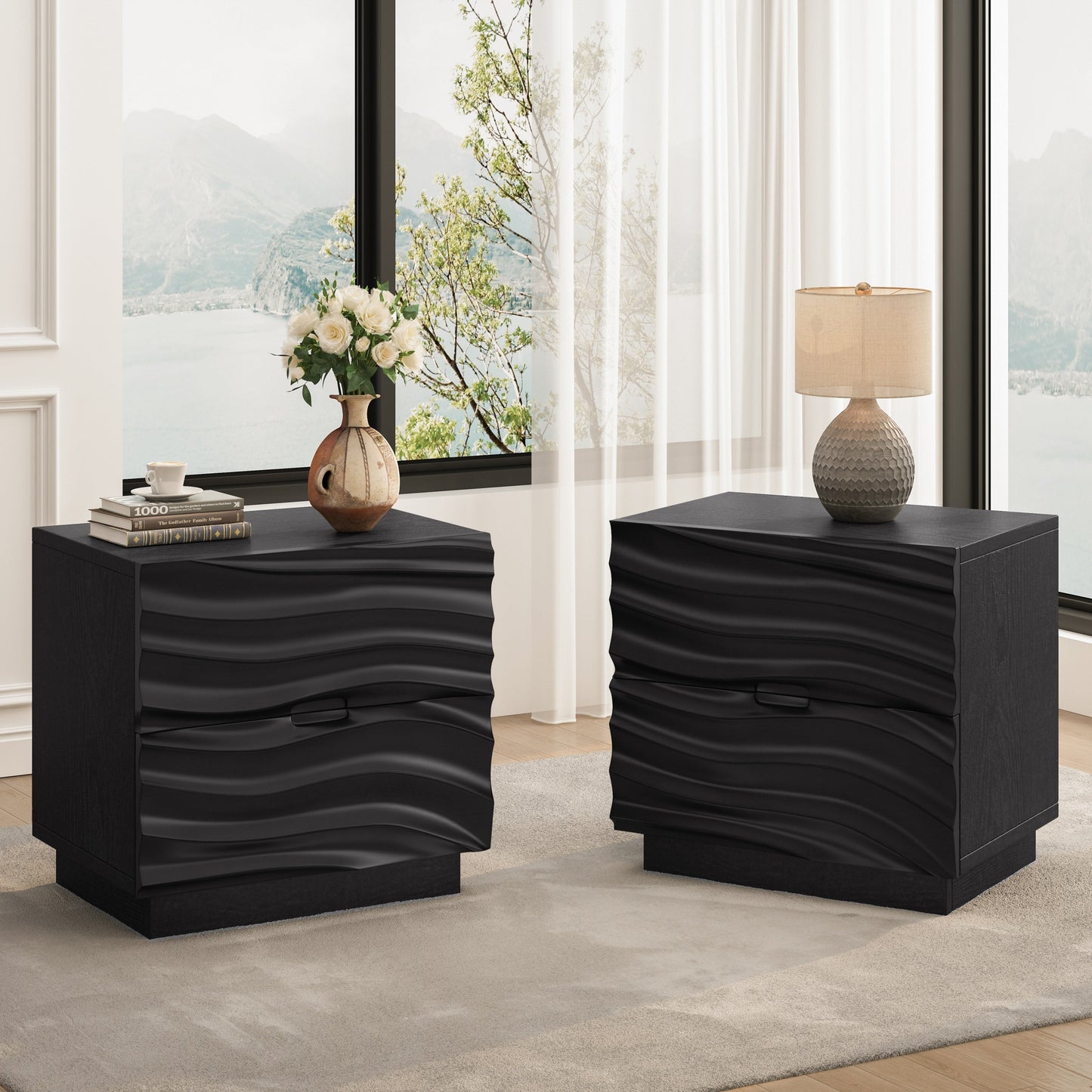 Solid Wood Nightstands Set of 2, 2 Drawers, No Handles, Living Room, Black
