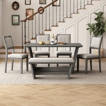 6-Piece Retro Dining Table Set for 6, 60' Wood Kitchen Table and Chairs Set of