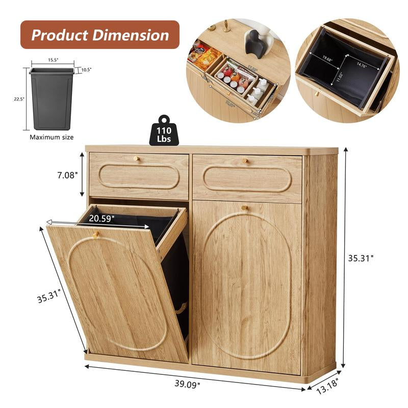 Giratree Tilt Out Trash Can Cabinet, Wood Kitchen Garbage Bin with Drawer, Fluted 10 Gallon Laundry Hamper Cabinet, Farmhouse Hidden Trash Can for Kitchen, Living Room