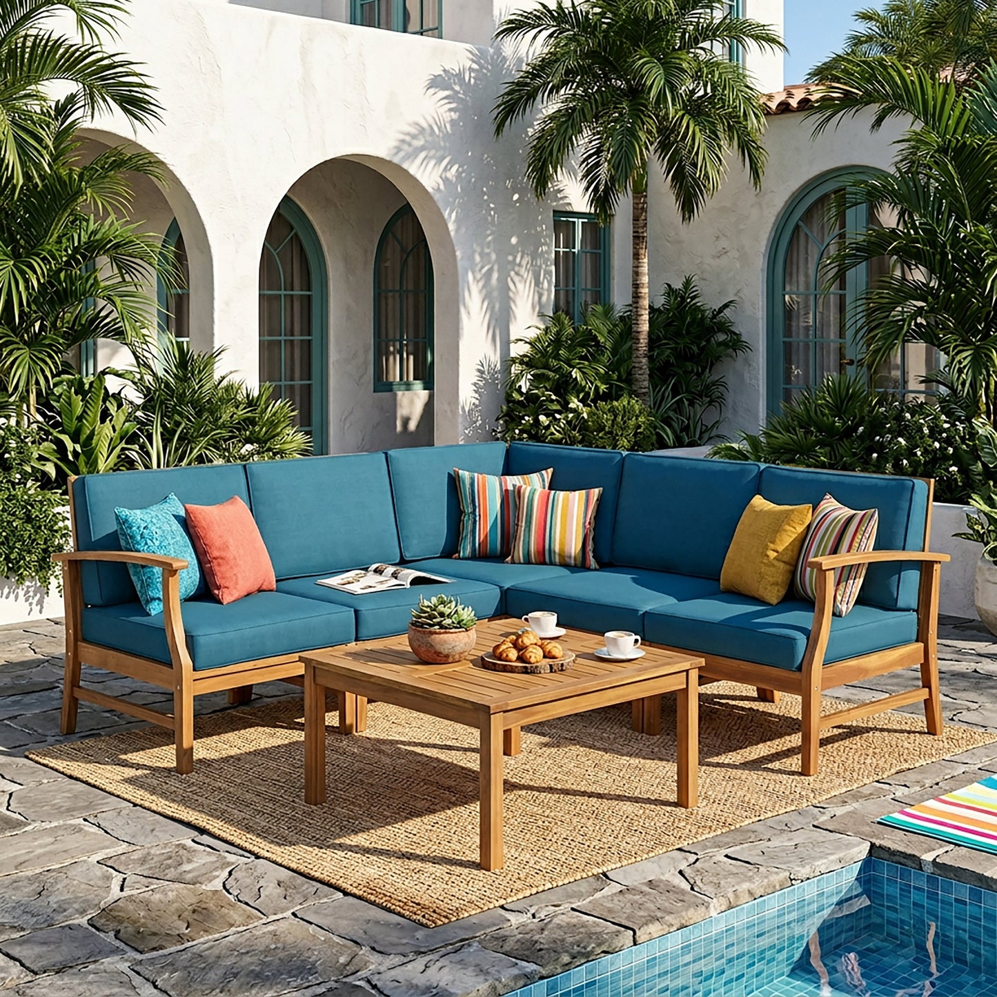 PERLA 6-Piece Outdoor Sectional Sofa Set, Acacia Wood Frame, Blue Cushions