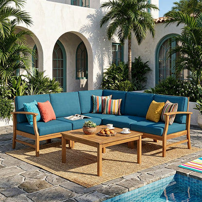 PERLA 6-Piece Outdoor Sectional Sofa Set, Acacia Wood Frame, Blue Cushions