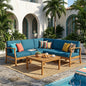 PERLA 6-Piece Outdoor Sectional Sofa Set, Acacia Wood Frame, Blue Cushions