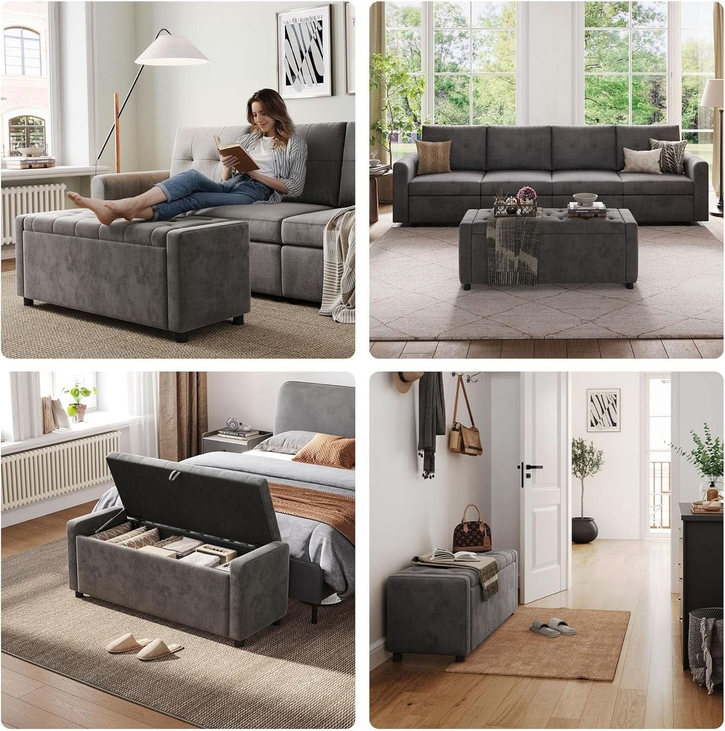 50 Inch Grey Luxurious Upholstered Storage Ottoman