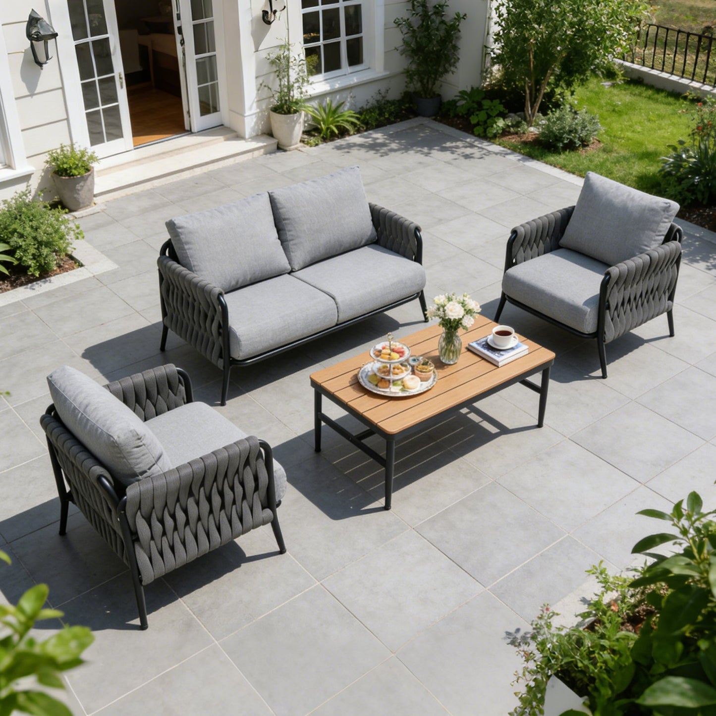 Outdoor Conversation Set Woven Rope Black Gray 4 Piece Olefin Cushions