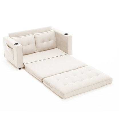 Sofa Bed Futon Tufted 3-in-1 Beige Pull-Out Sleeper Cup Holders 55 In
