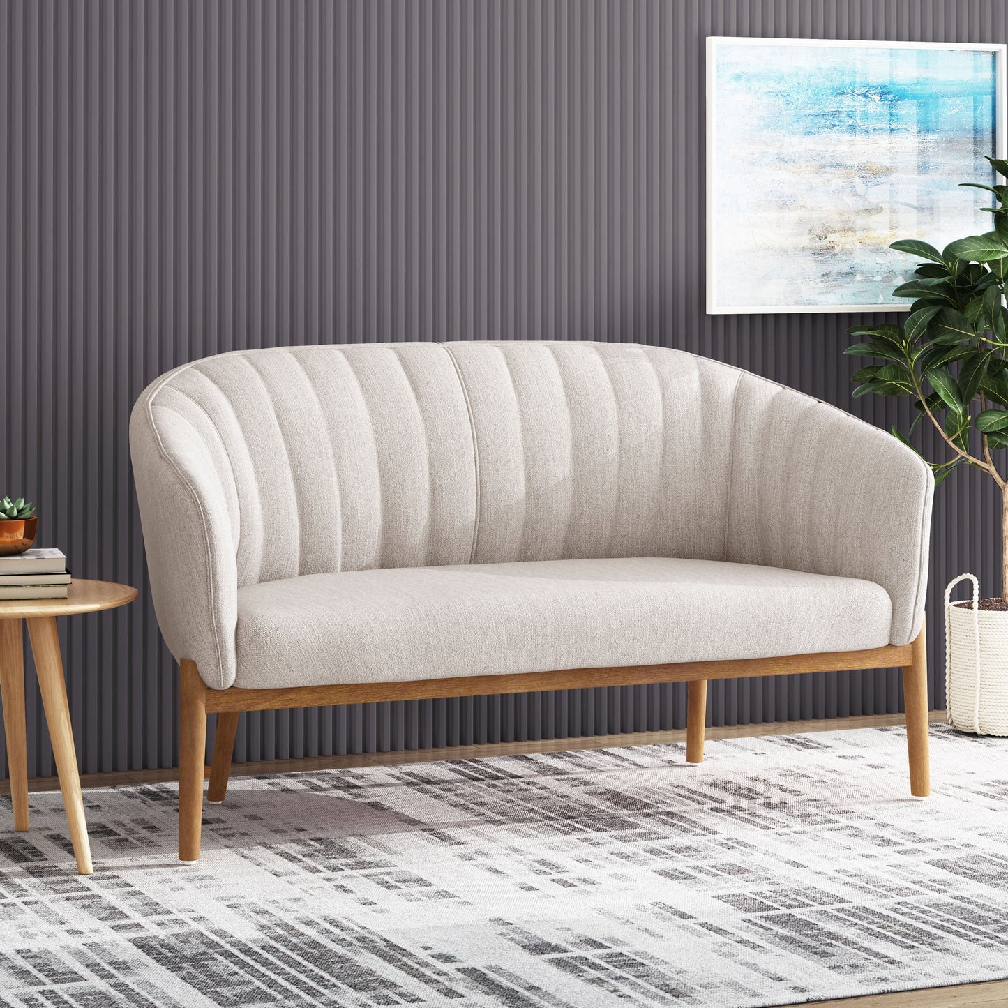 Loveseat Mid-Century Modern Channel Stitched Fabric Beige Rubberwood Legs 55 In