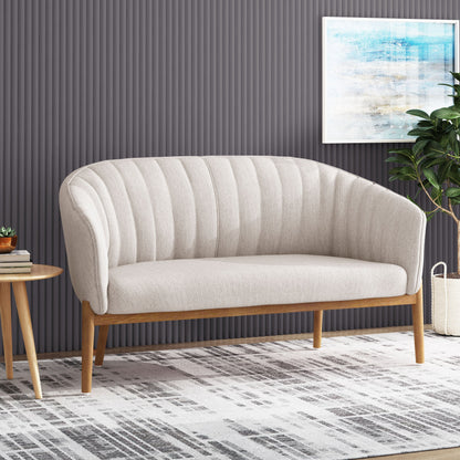 Loveseat Mid-Century Modern Channel Stitched Fabric Beige Rubberwood Legs 55 In