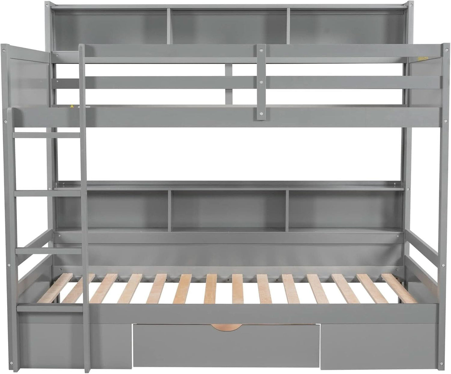 Twin Over Twin Bunk Bed Gray Storage Drawer And Shelves