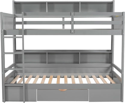 Twin Over Twin Bunk Bed Gray Storage Drawer And Shelves