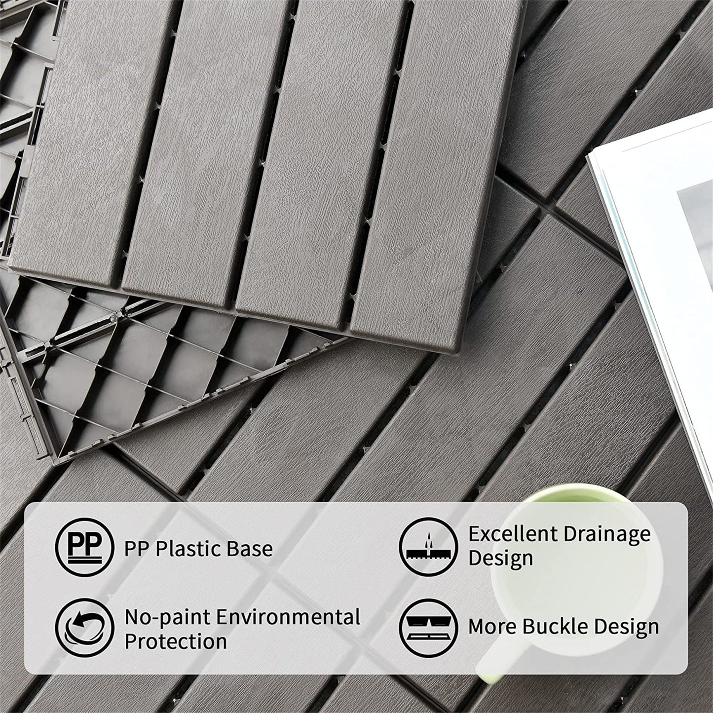 Outdoor Deck Tiles Composite Dark Gray 12" Interlocking Pack 9